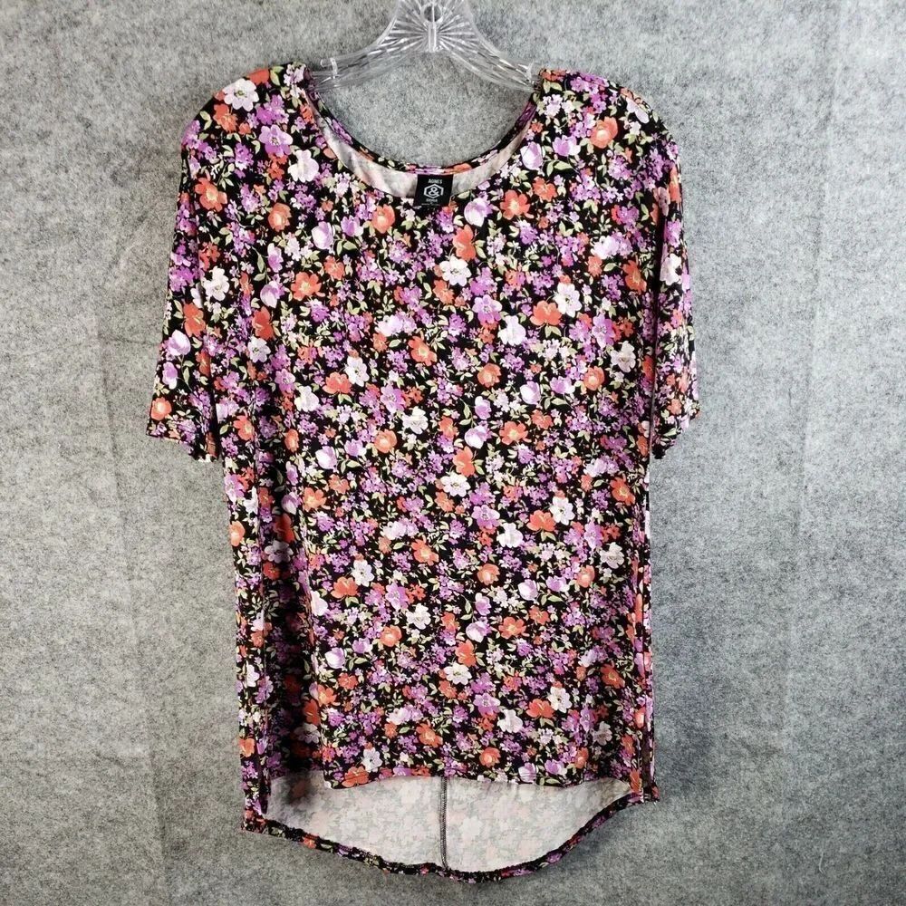 AGNES & DORA Hi Lo Tee Blouse Women' s Large Purple Orange Floral